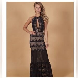 Nightcap Elegant Black and Tan Lace Maxi Dress